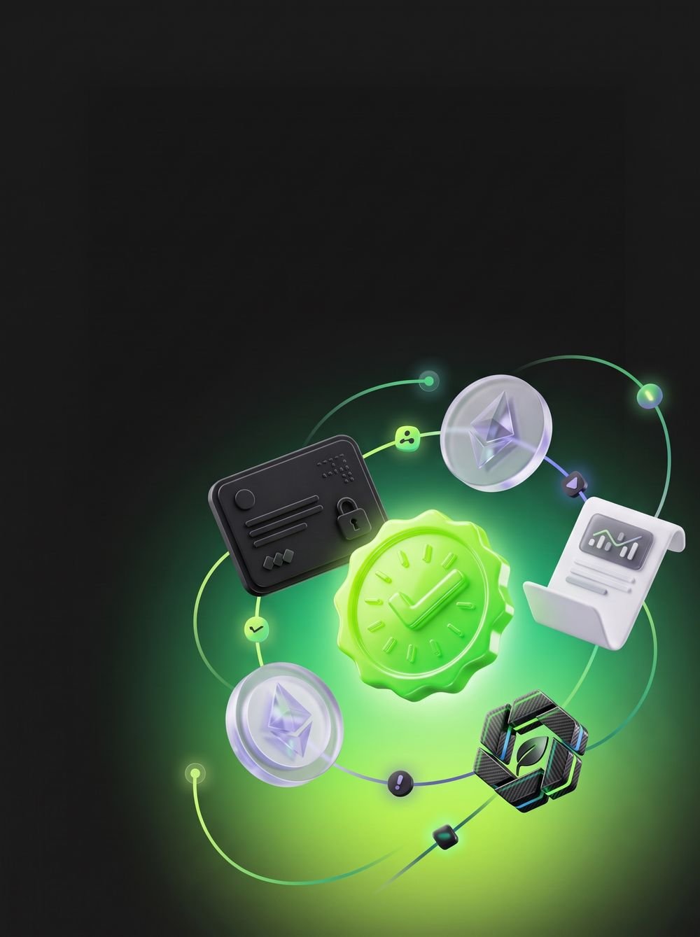 A glowing verification badge surrounded by orbiting icons for digital tokens, a wallet card, a signed document and a carbon-credit mark, representing ChainForge's issue, verify and trade network