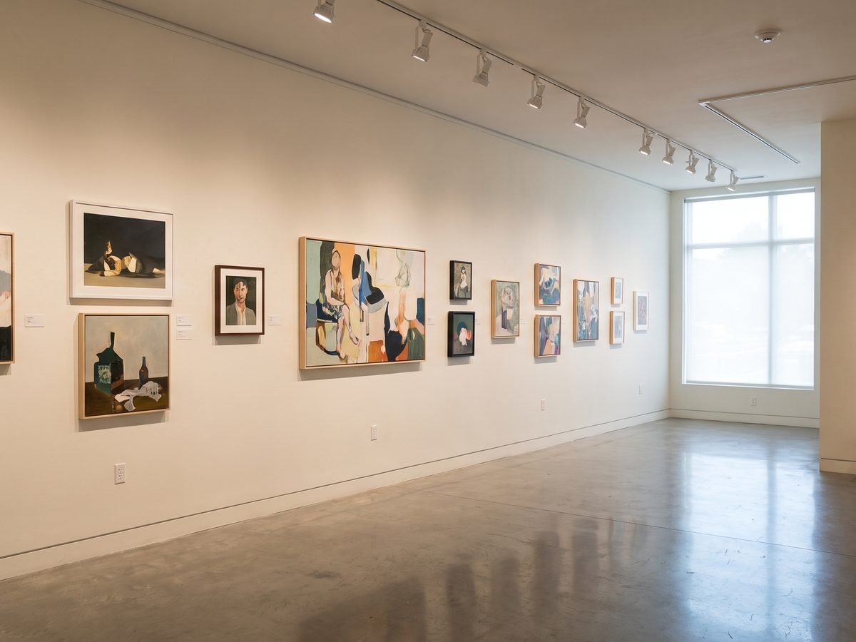 A gallery wall hung with framed paintings under track lighting, representing ChainForge's artworks module