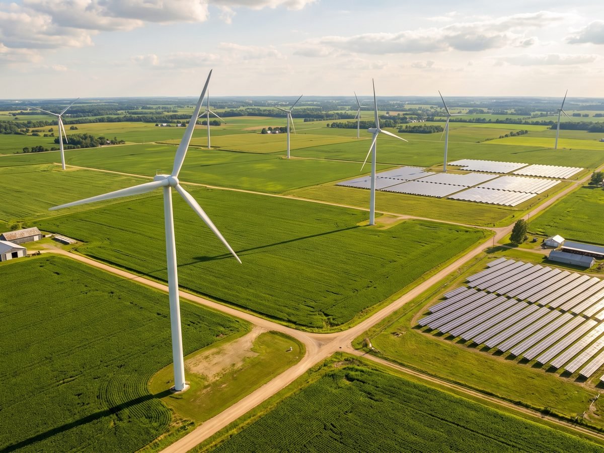 An aerial view of wind turbines and solar panel arrays across farmland, representing ChainForge's carbon ledger module