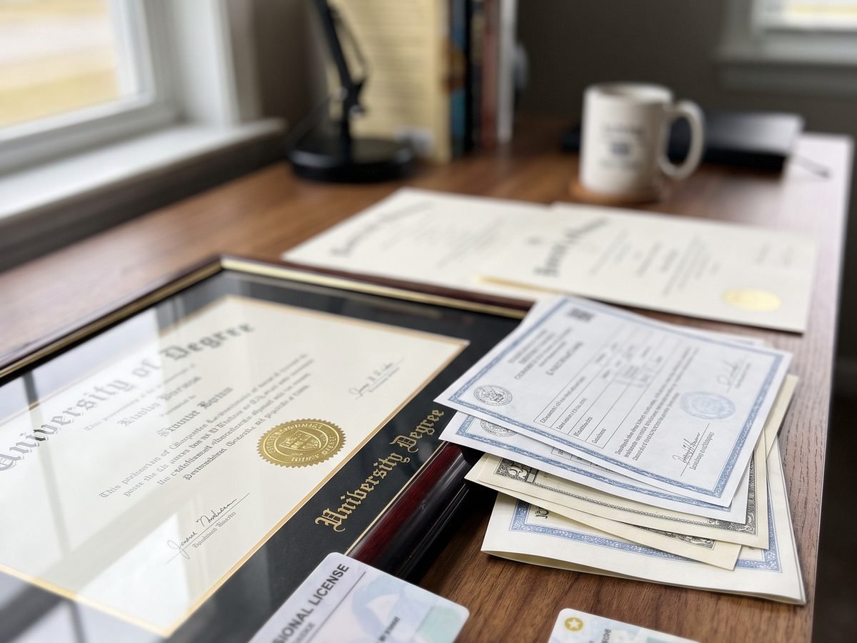 A framed degree certificate alongside licence and identification cards on a desk, representing ChainForge's certificates module