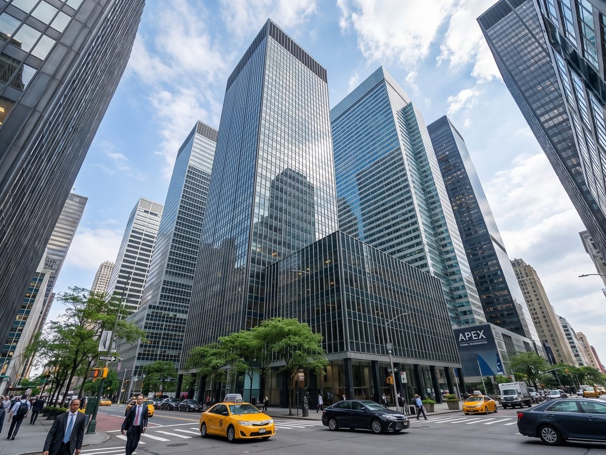 A city street among corporate office towers, representing ChainForge's corporate actions and cap table module