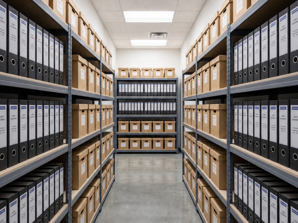 Rows of archive shelving with labelled client document boxes and binders, representing ChainForge's data rooms module