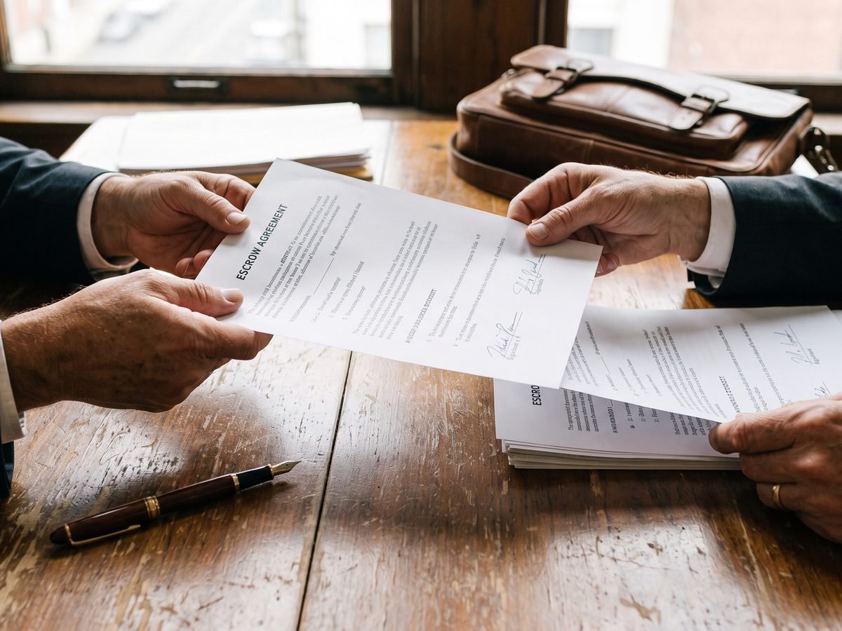 Two people exchanging a signed escrow agreement across a desk, representing ChainForge's escrows module