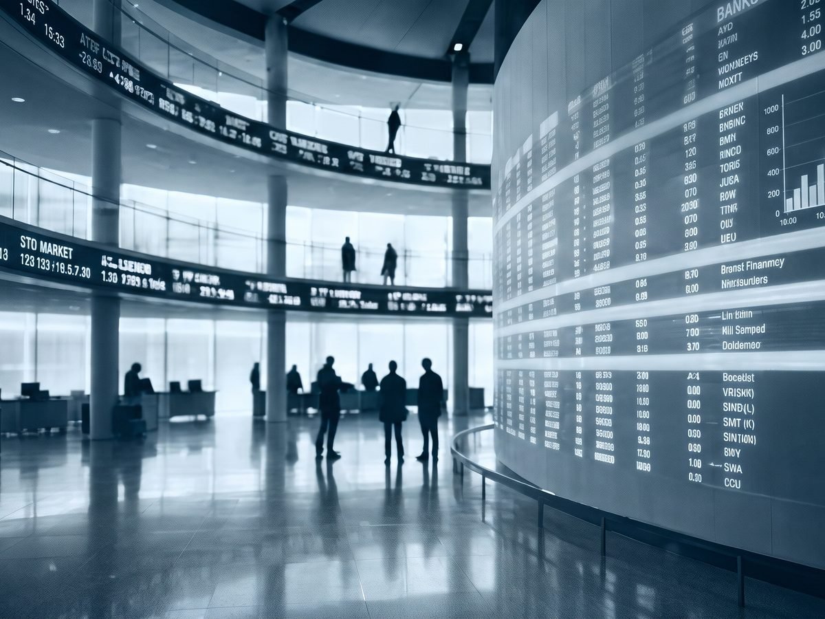 A trading floor with a wraparound ticker display of market prices, representing ChainForge's marketplace module